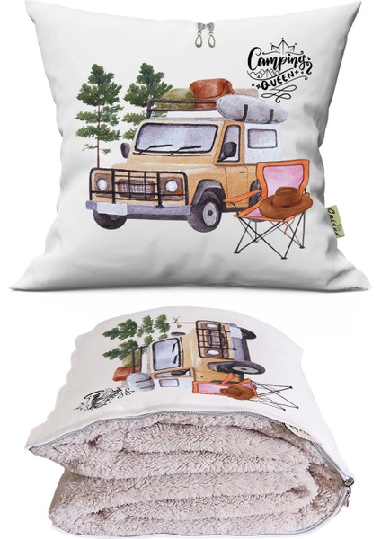 Camping Queen Baskılı Dekoratif Yastık Kırlent Opsiyonel Battaniye