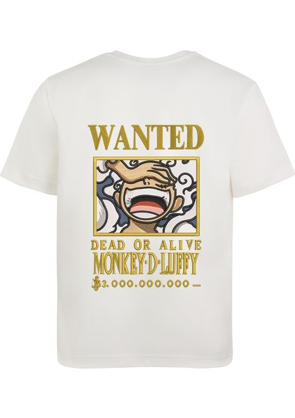 Unisex Beyaz Regülar Fit Tişört Ön ve Arka Nakış Işlemeli Tişört Kısa Kollu Luffy Anime T-Shirt