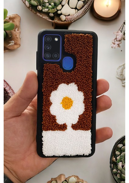 Samsung A21S Brown Flower Tasarımlı Punch Telefon Kılıfı