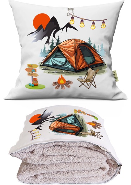 Camping-3 Baskılı Dekoratif Yastık Kırlent Opsiyonel Battaniye