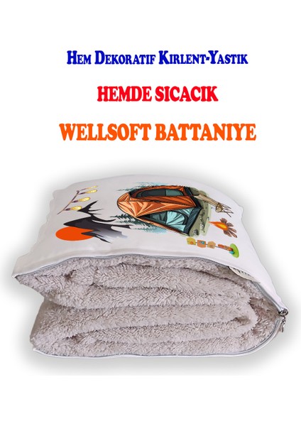 Camping-3 Baskılı Dekoratif Yastık Kırlent Opsiyonel Battaniye fiyatları