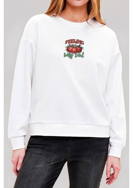 Çilek Baskılı Beyaz Unisex Kadın Erkek Pamuklu Sweatshirt CU372