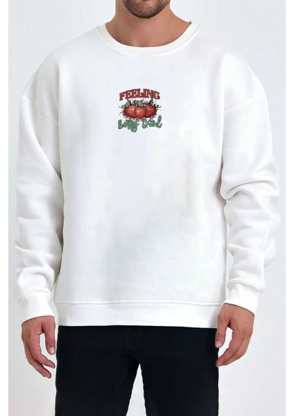 Çilek Baskılı Beyaz Unisex Kadın Erkek Pamuklu Sweatshirt CU372 fiyatları