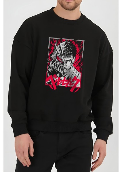 Berserk Guts Baskılı Siyah Unisex Kadın Erkek Pamuklu Sweatshirt CU185