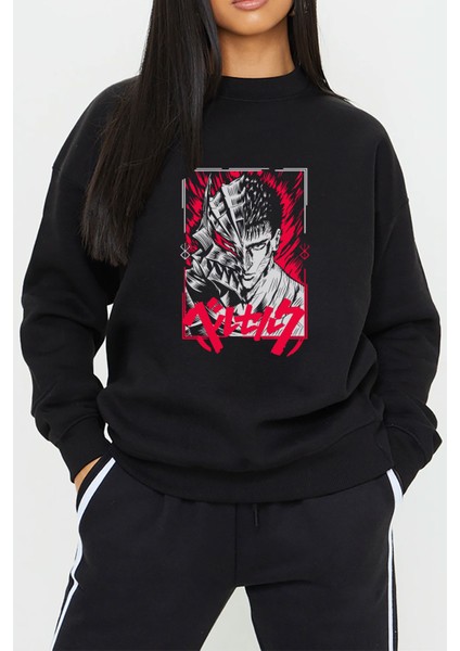 Berserk Guts Baskılı Siyah Unisex Kadın Erkek Pamuklu Sweatshirt CU185