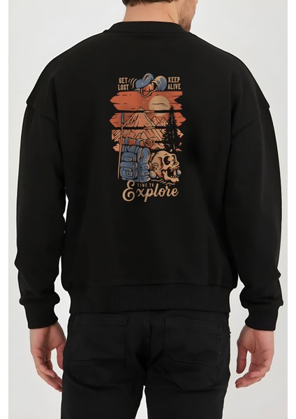 Dağcı Kamp Baskılı Siyah Unisex Kadın Erkek Pamuklu Sweatshirt CU224