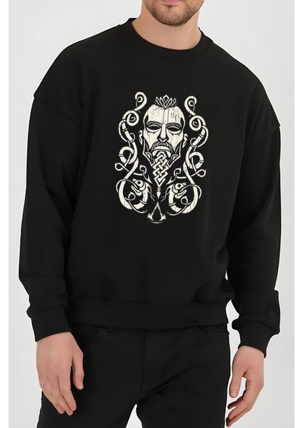 Viking Odin Baskılı Siyah Unisex Kadın Erkek Pamuklu Sweatshirt CU367