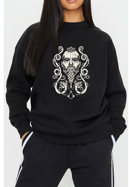 Viking Odin Baskılı Siyah Unisex Kadın Erkek Pamuklu Sweatshirt CU367