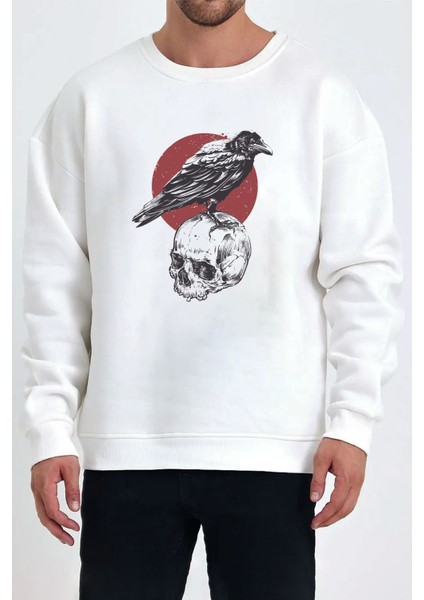 Karga ve Kuru Kafa Baskılı Beyaz Unisex Kadın Erkek Pamuklu Sweatshirt CU289