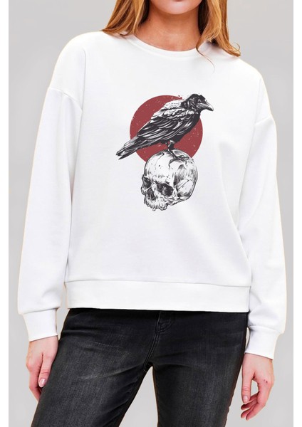 Karga ve Kuru Kafa Baskılı Beyaz Unisex Kadın Erkek Pamuklu Sweatshirt CU289