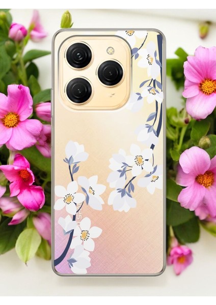 Tecno Spark 20 Art White Flowers Tasarımlı Şeffaf Telefon Kılıfı