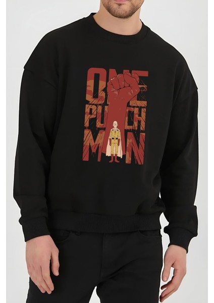 One Punch Man Saitama Anime Baskılı Siyah Unisex Kadın Erkek Pamuklu Sweatshirt CU394