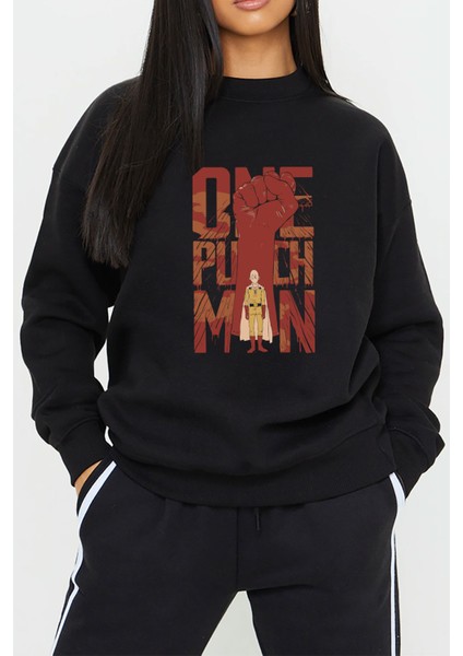One Punch Man Saitama Anime Baskılı Siyah Unisex Kadın Erkek Pamuklu Sweatshirt CU394