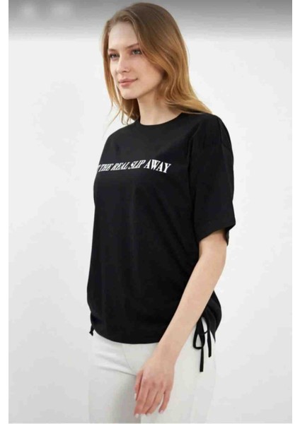 Kadın Siyah Onu Yazılı Yanları Büzgülü Oversize T-Shirt