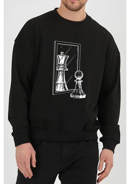 Satranç Şah-Piyon Baskılı Siyah Unisex Kadın Erkek Pamuklu Sweatshirt CU254