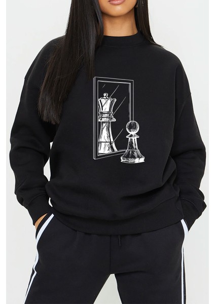 Satranç Şah-Piyon Baskılı Siyah Unisex Kadın Erkek Pamuklu Sweatshirt CU254