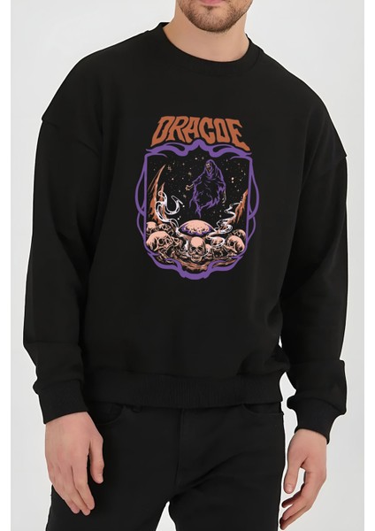 Dracoe Tasarım Baskılı Siyah Unisex Kadın Erkek Pamuklu Sweatshirt CU330
