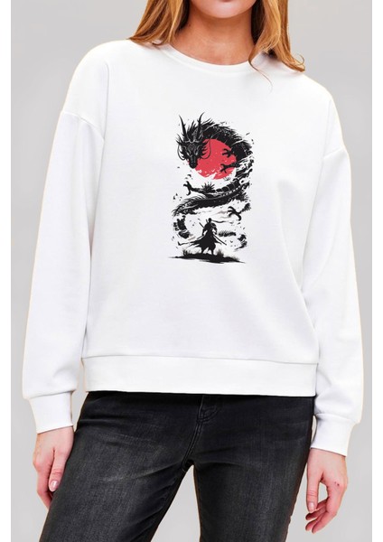 Japon Ejderha Baskılı Beyaz Unisex Kadın Erkek Pamuklu Sweatshirt CU300