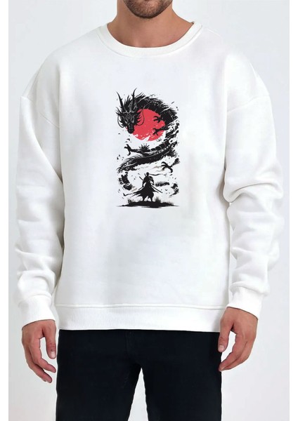 Japon Ejderha Baskılı Beyaz Unisex Kadın Erkek Pamuklu Sweatshirt CU300 fiyatları