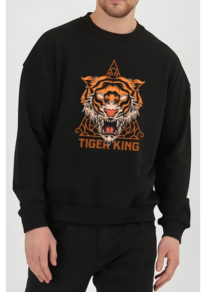 Tiger Kaplan Baskılı Siyah Unisex Kadın Erkek Pamuklu Sweatshirt CU311