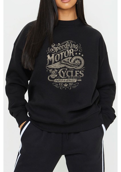 Motorcu Baskılı Siyah Unisex Kadın Erkek Pamuklu Sweatshirt CU335