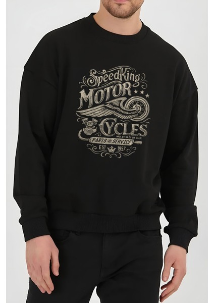 Motorcu Baskılı Siyah Unisex Kadın Erkek Pamuklu Sweatshirt CU335 fiyatları