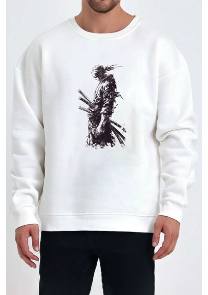 One Piece Zoro Samuray Baskılı Beyaz Unisex Kadın Erkek Pamuklu Sweatshirt CU298