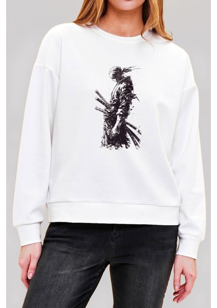 One Piece Zoro Samuray Baskılı Beyaz Unisex Kadın Erkek Pamuklu Sweatshirt CU298