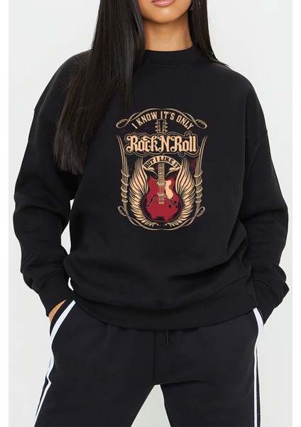Rock N Roll Müzik Baskılı Siyah Unisex Kadın Erkek Pamuklu Sweatshirt CU398