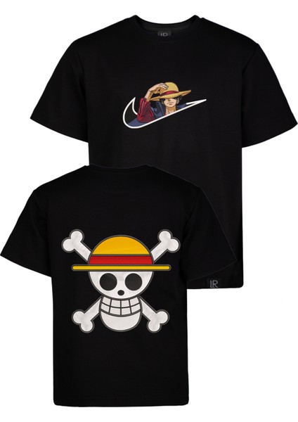 Basic Unisex Pamuklu Tişört Loose Fit Siyah Full Işlemeli Luffy Anime Nakış Baskılı Tişört