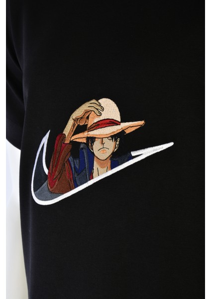 Basic Unisex Pamuklu Tişört Loose Fit Siyah Full Işlemeli Luffy Anime Nakış Baskılı Tişört fiyatları