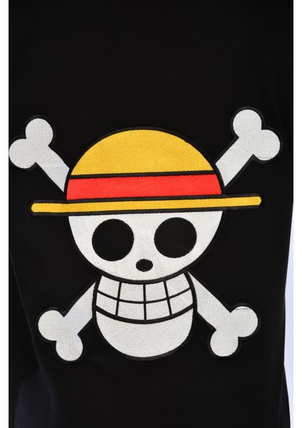 Basic Unisex Pamuklu Tişört Loose Fit Siyah Full Işlemeli Luffy Anime Nakış Baskılı Tişört modelleri