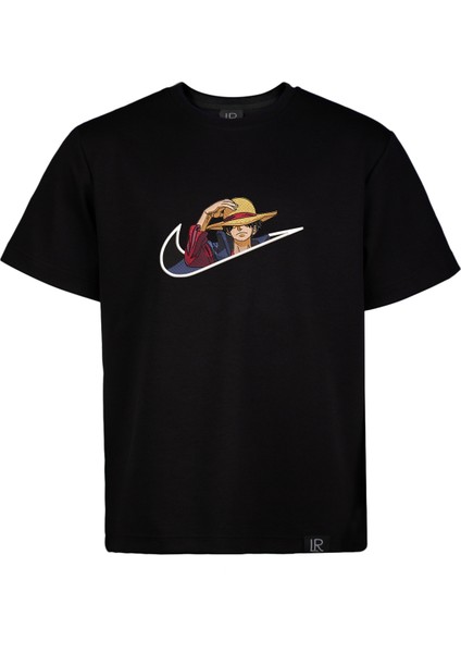 Basic Unisex Pamuklu Tişört Loose Fit Siyah Full Işlemeli Luffy Anime Nakış Baskılı Tişört fırsatları
