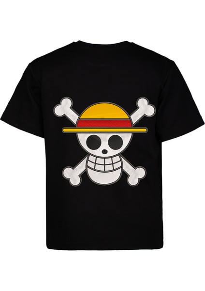 Basic Unisex Pamuklu Tişört Loose Fit Siyah Full Işlemeli Luffy Anime Nakış Baskılı Tişört indirimleri