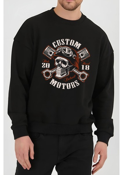 Motorcu Kuru Kafa Baskılı Siyah Unisex Kadın Erkek Pamuklu Sweatshirt CU291