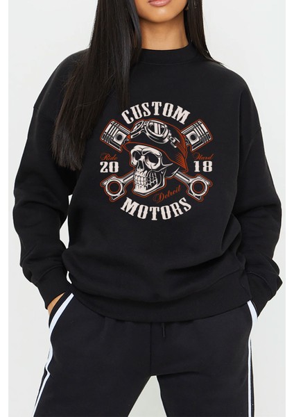Motorcu Kuru Kafa Baskılı Siyah Unisex Kadın Erkek Pamuklu Sweatshirt CU291