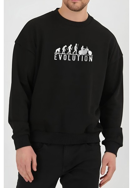 Mototsiklet Evrimleşme Baskılı Siyah Unisex Kadın Erkek Pamuklu Sweatshirt CU210