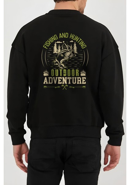 Kamp Balık Baskılı Siyah Unisex Kadın Erkek Pamuklu Sweatshirt CU234