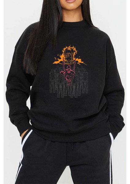 Attack On Titan Anime Baskılı Siyah Unisex Kadın Erkek Pamuklu Sweatshirt CU229