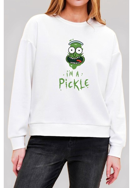 Yeşil Canavar Baskılı Beyaz Unisex Kadın Erkek Pamuklu Sweatshirt CU272