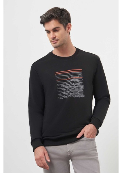 Erkek Siyah Trend Bisiklet Yaka Sweat-Shirt