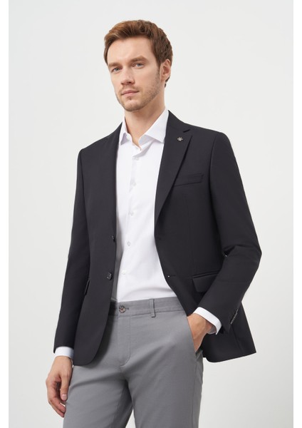 Erkek Siyah Poliviskon Slim Fit Mono Yaka Klasik Ceket