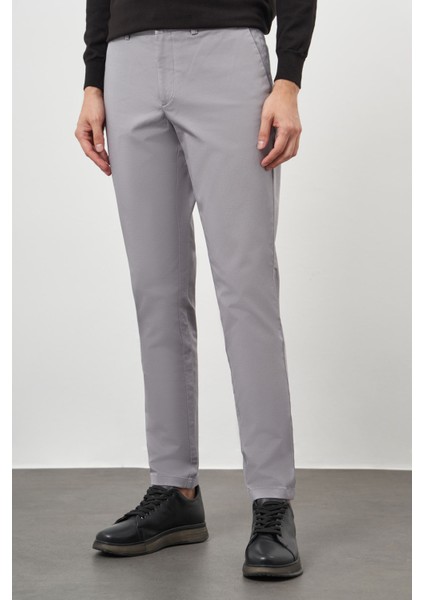 Erkek Gri Pamuk Yan Cep Slim Fit Chino Pantolon