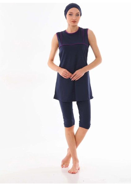 Sıfır Kollu Mor Şeritli Kadın Mayo