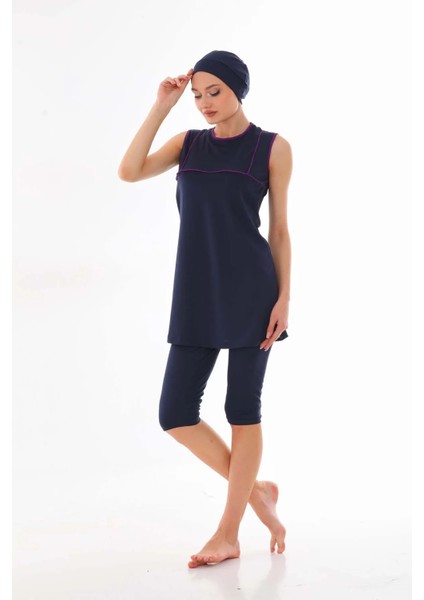 Sıfır Kollu Mor Şeritli Kadın Mayo modelleri