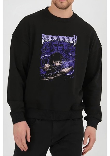 Solo Leveling Anime Baskılı Siyah Unisex Kadın Erkek Pamuklu Sweatshirt CU385