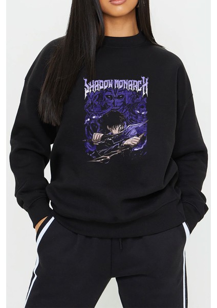 Solo Leveling Anime Baskılı Siyah Unisex Kadın Erkek Pamuklu Sweatshirt CU385