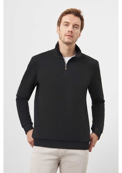 Erkek Siyah Fermuarlı Bato Yaka Sweat-Shirt modelleri
