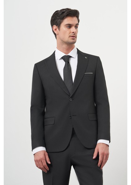 Erkek Siyah Basic Jakar Desen Slim Fit Sivri Yaka Takım Elbise