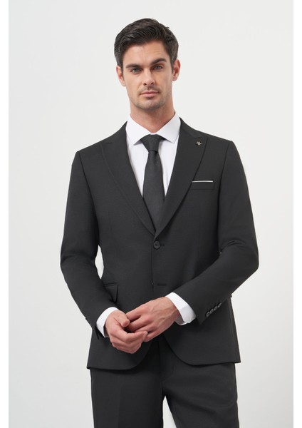 Erkek Siyah Basic Jakar Desen Slim Fit Sivri Yaka Takım Elbise